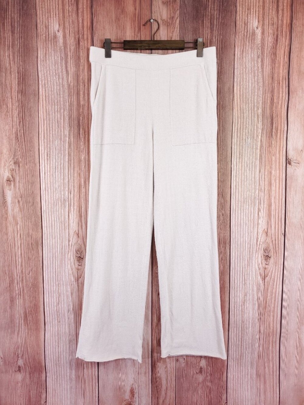 Barefoot Dreams Womens L Cozychic Ultra Lite Pants Cream Wide Leg Lounge Knit